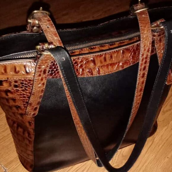 Vintage BRAHMIN Tuscan Croc Black Brown Leather Shoulder Bag Tote Handbag Purse - Picture 1 of 1
